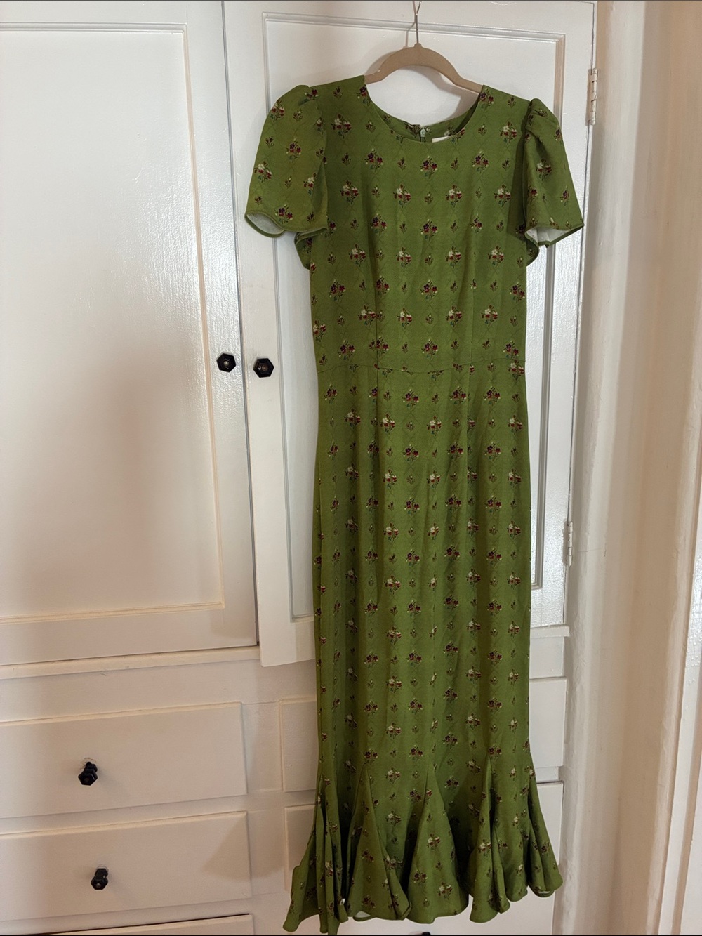 RHODE Olive Green Floral Maxi Dress with Flutter Sleeves
